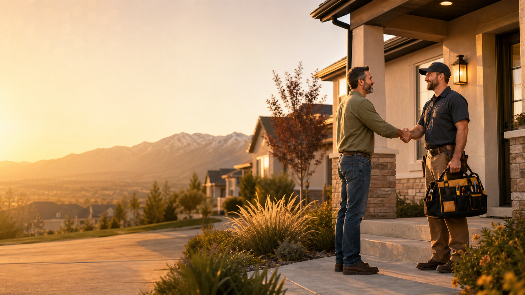 Utah homeowner greeting a home service professional at golden hour